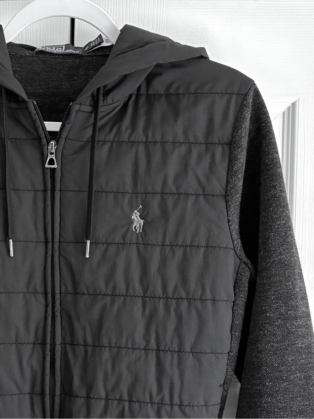 Polo Ralph Lauren Quilted Full Zip Hoodie Women XS Black Gray Hybrid Jacket - Picture 3 of 13